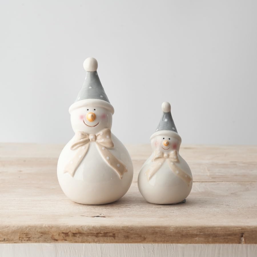 mumdadandbaby Ceramic Snowman with Spotty Brown Scarf and Spotty Grey Hat. Quality China Novelty Christmas Decoration Ornament (10cm & 15.5cm (Medium & Large Set))