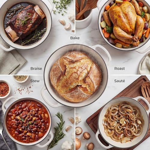 Image of Zulay Kitchen 7.7 Quart Enameled Cast Iron Dutch Oven Pot with Lid - Premium Durability & Oven Safe up to 500F - Heavy Duty Cookware Perfect for Bread Baking, Stews, Braising & Roasting - White
