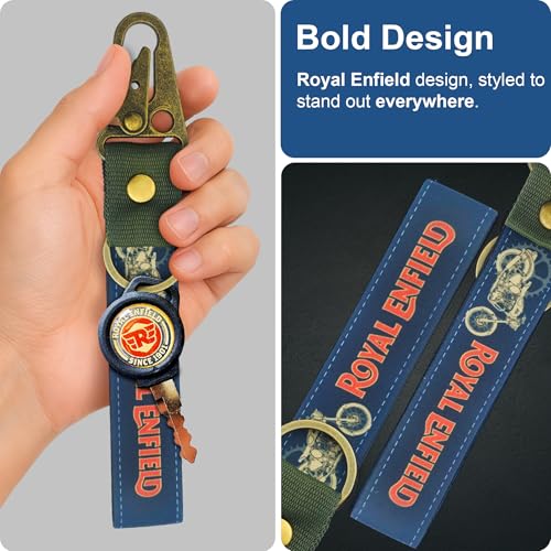 Image of SnapStrap RoyalRide Carabiner Keychain Compatible with Royal Enfield Strong Heavy-Duty Metal Clip with Fabric Key Ring Bike Accessory