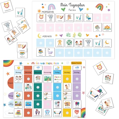 2pcs Wochenplan Kinder und Morgen Abend Routine Planer kinder, 118 Routinekarten,Tagesplaner Routine-Regenbogen