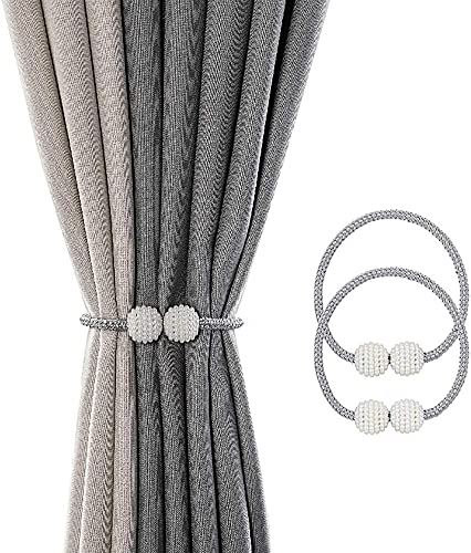 Image of Home Cloud Magnetic Curtain Tiebacks Convenient Drape Tie Backs - Pearl Decorative Rope Holdback Holder for Window Drapries Color Multi (1pair 2 pcs) (Grey)