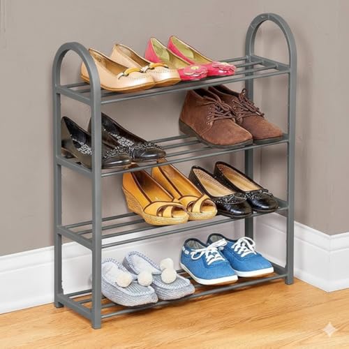 Image of Premium 4-Tier Metal Shoe Rack Organizer | Elegant Space-Saving Shoe Stand for Home & Entryway | Heavy-Duty Steel | Stores 8-12 Pairs (Grey, 4)