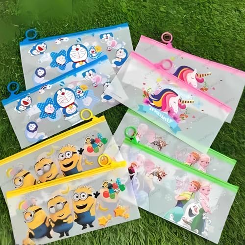 Image of Cartoon Pencil Pouch for Kids (Pack of 12) - Translucent Zipper Stationery Case 24cm X 11.5cm, Waterproof PVC Bag - Birthday Return Gift for Boys and Girls (Assorted)