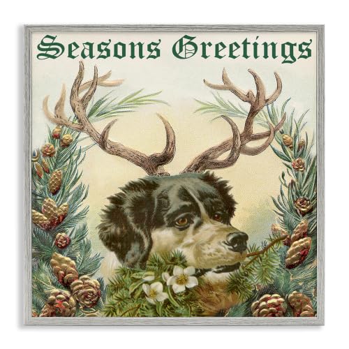 Dog Wearing Antlers Botanical Border, 12 x 12 Inch Framed Giclée Print