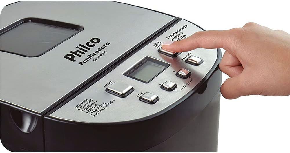 Close-up of the Philco bread maker control panel with buttons for Menu, Color, Timer, Size, and Power