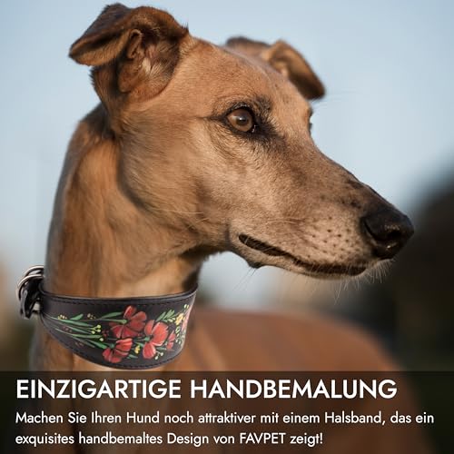 FAVPET Handbemalter Echtleder Windhund Halsband Breit mit QR Code Anhänger, Weiches Lederhalsband Hund Whippet Italienisches Windspiel Saluki Lurcher Spanischer Galgo Podenco (Rote Mohnblumen, XS)