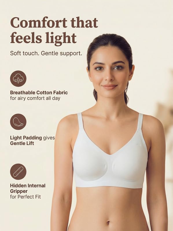 Image of Tweens Cotton Padded Bonded Bra for Women | Full Coverage Wire-Free Bra | Seamless No-Dig Comfort | Breathable Cotton | Elastic-Free Bottom Band & Side Wings | Pack of 1|
