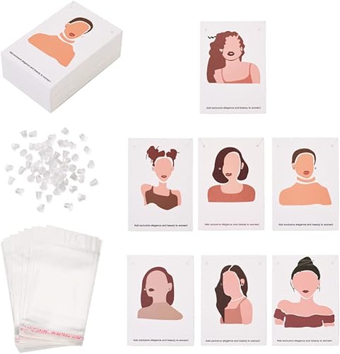 Mega Pet 70 piezas de aretes y collares, tarjetero de 7 estilos para mujer, diseño de joyería, tarjetero, papel colgante con 70 tuercas de oreja y