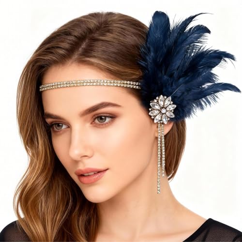 GORGECRAFT 1920s Coiffe Flapper à Plumes Rugissantes 20s Coiffe Gatsby Serre Tête Vintage Bleu Foncé à Plumes D'Oiseau et Strass Charleston Femme...