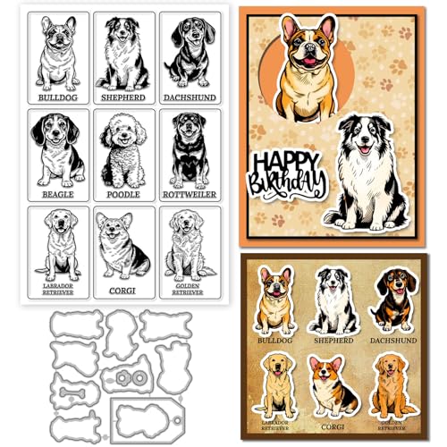 GLOBLELAND Cute Dogs Illustrations Clear Stamp and Cutting Dies Set for Card Making Bulldog Puppy Silicone Transparent Stamps Shepherd Animals Metal Die Cuts for DIY Scrapbooking Photo Album Decor