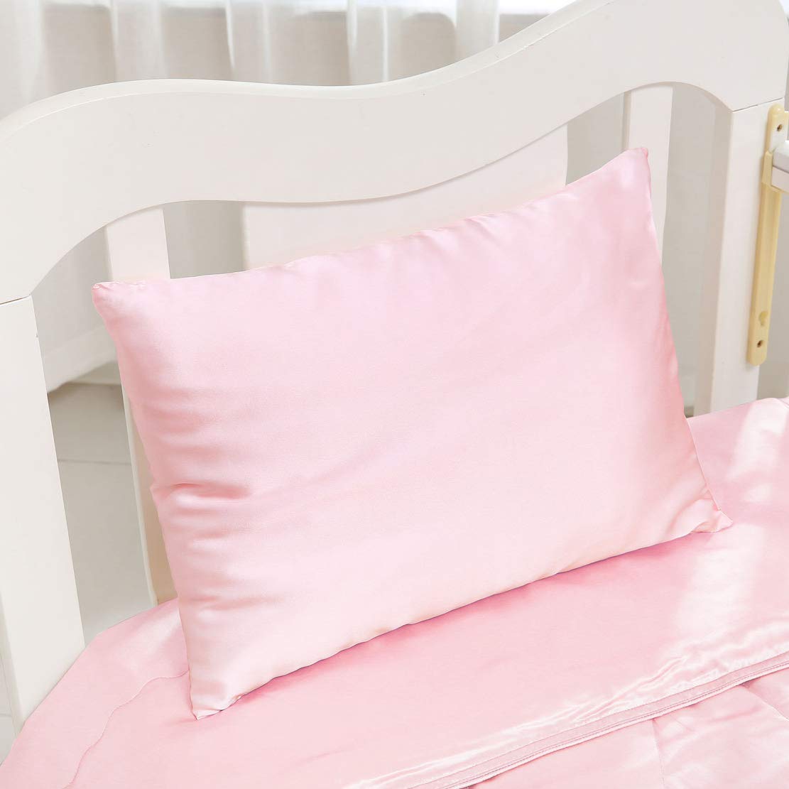 Toddler Pillow with Removable Silk Pillowcase 13 x 18 Inches - 100% Mulberry Silk Pillowcase - 65% Natural Silk Filled Toddler Bedding Small Pillow (Light Pink)