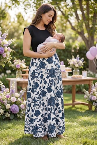 Image of OUGES Women's Maternity Dress Summer Ruffle Sleeve Patchwork Casual Flowy Maxi Dresses with Pockets