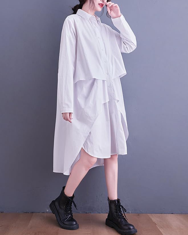 ellazhu Women's T-Shirt Dress Casual Lapel Long Sleeve Oversize Irregular Hem Button Down Solid GZ6222