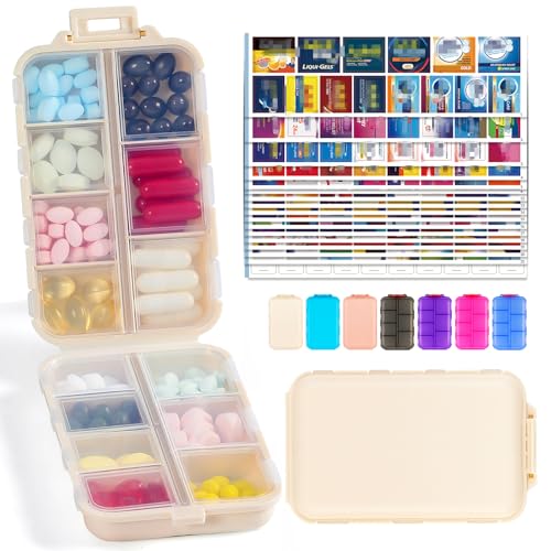 PILABEL Travel Pill Organizer with Bulk Stickers & Labels - Small & Portable Week Daily Medicine Pharmacy for Pocket Bag - 14-Compartment Foldable Supplement Box Holder for Fish Oil Vitamin - Khaki