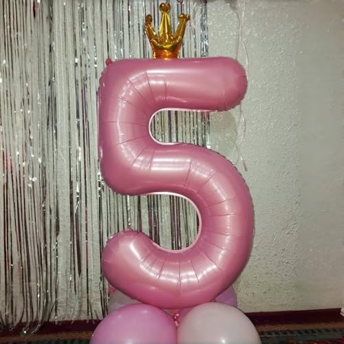 Image of 40 Inch Pastel Pink 5 Number Balloons, Giant Foil 5th Birthday Number Balloon, Crown Self Inflating Light Pink Balloons 0-9 Set for Girls Women Birthday Party Decor Anniversary Decorations Supplies
