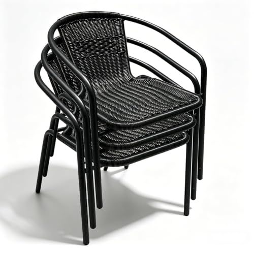 Image of 4 Stackable Wicker Patio Chairs, Weather-Resistant Outdoor Seating, Ideal for Balcony Porch Lawn & Small Patio Furniture Set Decor, Black
