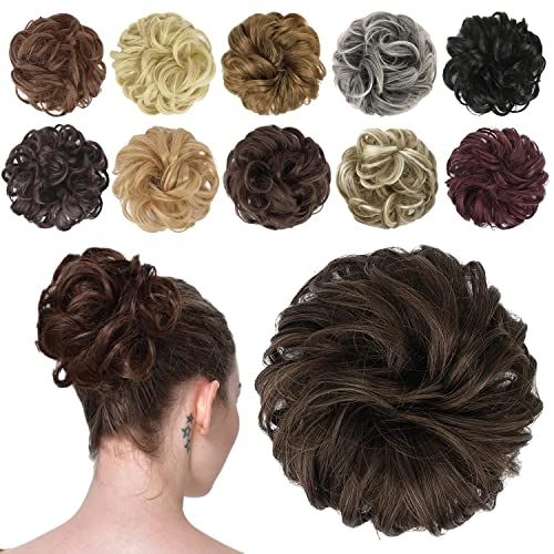 FESHFEN Moños Postizos Coleteros Pelo Mujer Postizos de Pelo Natural Rizado Ondulado Postizos Moño y Coletas Sintético Extensiones de Cabello, 42 g Castaño Cálido