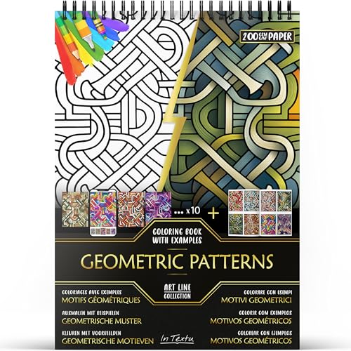 In Textu – Motivos Geométricos – Libro para Colorear para Adultos y Adolescentes con Ejemplos Inspiradores a Color – Papel Premium 200 g/m² – Encuadernación en Espiral Fina – Cuaderno de Colorear