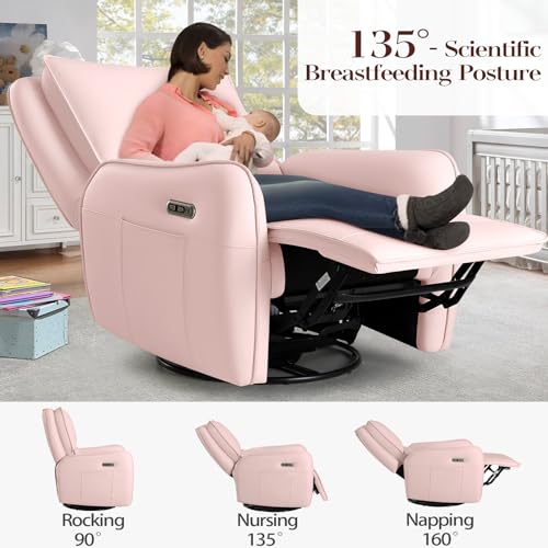 Image of Power Recliner Gliders for Nursery, Electric Swivel Rocker Recliner Chair, Comfy Upholstered Living Room Reclining Rocking Chairs with Lumbar Support (Pink, 41 inch X 40 inch X 36 inch)