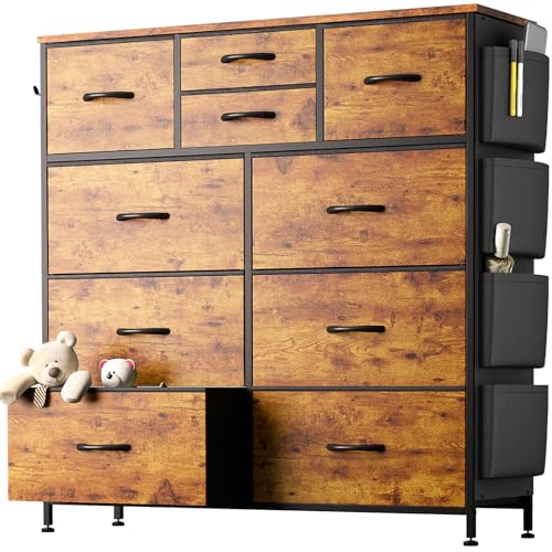 Image of YaFiti 10 Drawer Dresser, Chest of Drawers for Bedroom, Fabric Dresser Drawers with Side Pockets, Hooks, Wooden Top and Sturdy Metal Frame for Living Room, Closet, Hallway (Brown)