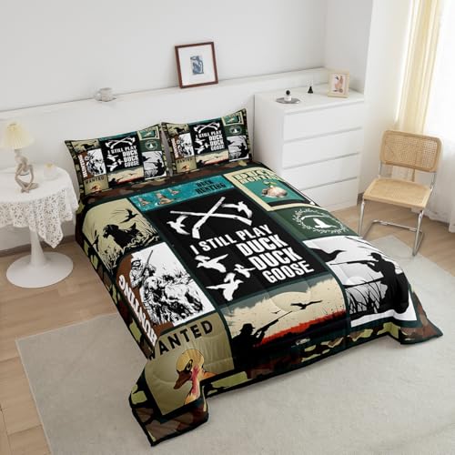 Image of Feelyou Kids Duck Hunting Comforter Set Full Size, Green Duck Bedding Set Hunting Fishing Comforter for Kids Boys Girls Wildlife Duvet Insert Room Decor with 2 Pillow Case