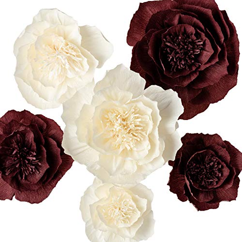 Paper Flower Decorations, Giant Paper Flowers, Large Crepe Paper Flowers (Beige, Burgundy Set of 6), Handcrafted Flowers for Wedding Decor, Bridal Shower, Baby Shower, Nursery Wall Decorations