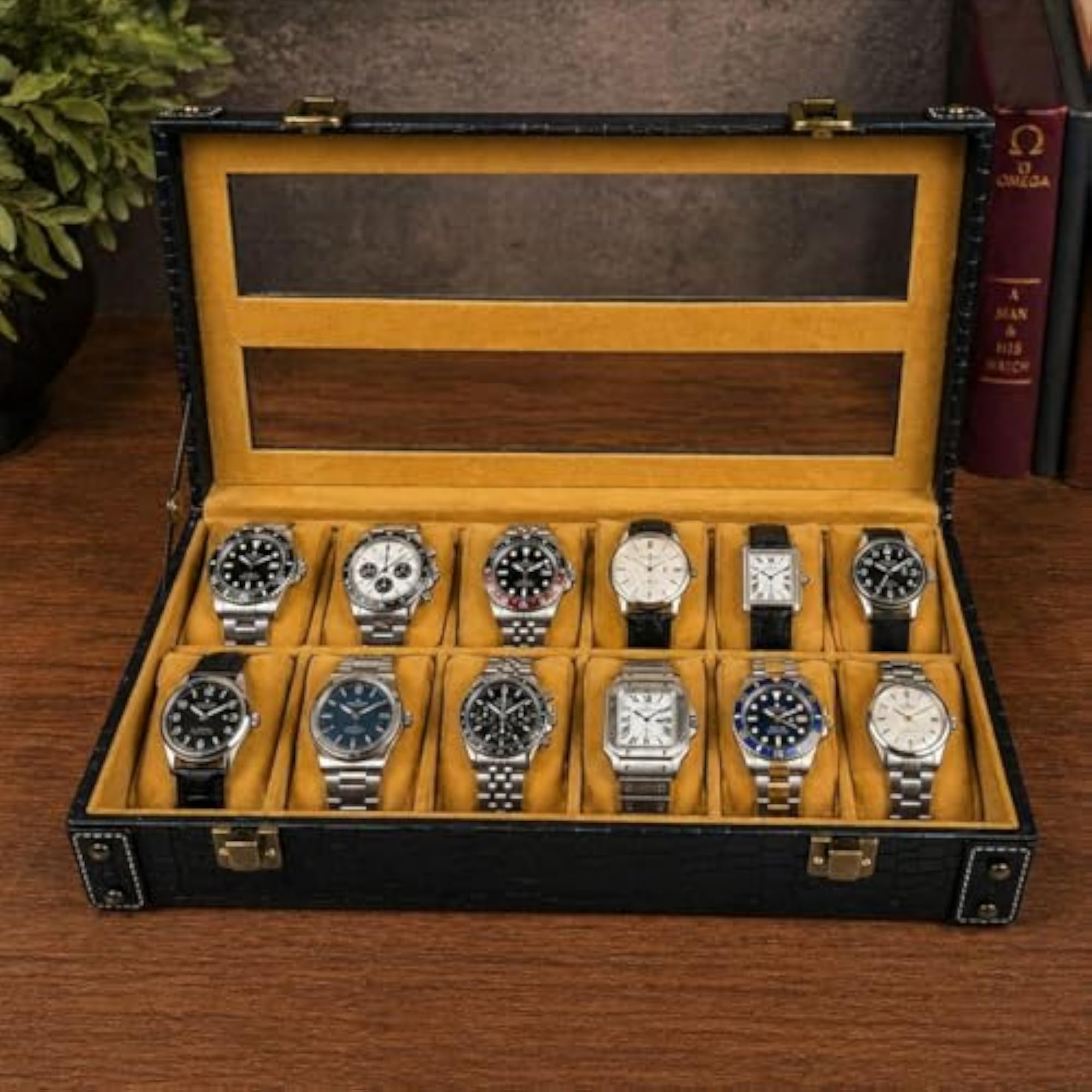 12-Slot Watch Box Organiser, Black Crocodile Pattern