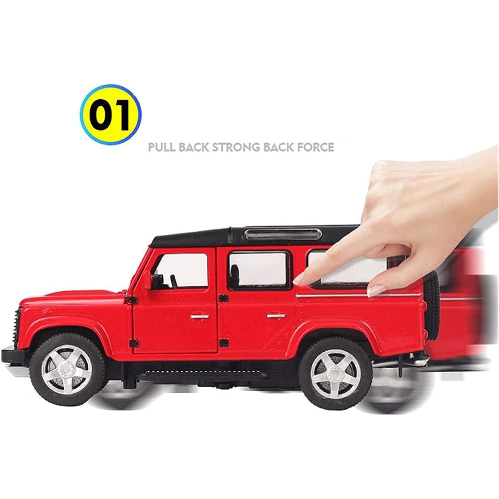 CROPDAK 🏎️ Scale Exclusive Alloy Metal Pull Back Die-cast Car Model with Sound Light Mini Auto Toy for Kids Metal Model Toy Car with Sound and Light (1.32 Scale Defender-RED) 1