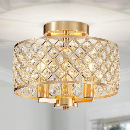 SHRINE LIGHTING Lustre en cristal, style moderne, plafonnier parfait pour salon, douilles E14 x3 (ampoules non incluses), Ø27 x H22 cm, couronne avec finition laiton vieilli