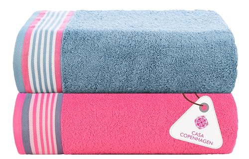 Image of Casa Copenhagen, Germany Design - He & She Super Soft Collection 2 Pieces 100% Cotton Large Bath Towel (Size : 70 x 140 cm) - Dusty Blue & Pink