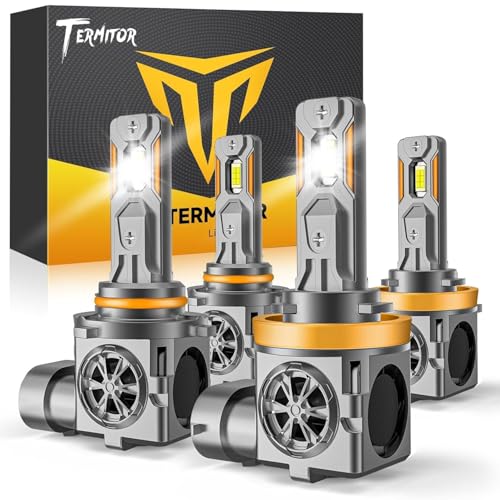 Termitor H11/H8/H9 & 9005/HB3 Light Bulbs Combo, 115,000LM 12X Ultra Brightness, Real 1:1 Mini Size, 6500K White 85000Hrs Long Life with Cooling Fan, 9005 H11 Fog Lights, Plug and Play, Pack of 4