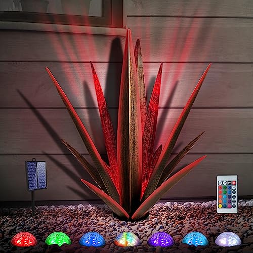 Image of KODIBO 24 inch Large Metal Agave Plant Outdoor Decor with Solar Light, Red | Solar Garden Light, Outdoor-Resistant Metal, Tequila Rustic Sculpture, Mexican Style Garden Patio Decor, Housewarming Gift