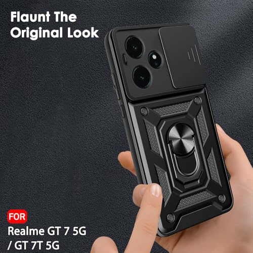 Image of TheGiftKart Tough Armor Bumper Back Cover Case for Realme GT 7 5G / GT 7T 5G / GT 7 Dream Edition | Sliding Camera Cover, Kickstand & Ring Holder | 360 Protection Back Cover Case (PC & TPU, Black)