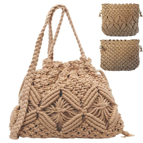 Small Crochet Crossbody Bags for Women Boho Cotton Clutch Purses Hand-Woven Beach Purse Shoulder Bag with Drawstring