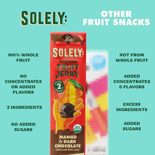 Image of SOLELY - Organic Mango Chocolate Drizzled Fruit Jerky - 1 Individually Wrapped Fruit Strip - Fruit Leather Made from Dried Fruit - Healthy Snacks for Adults & Kids - Vegan - 0.8oz (23g)