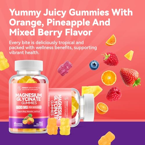 Image of Magnesium Glycinate Gummies 600mg, Non-GMO, Gluten-Free, Magnesium Gummies for Adults & Kids, Sleep, Relaxation & Focus, 3 in 1 Flavor, 60 Count