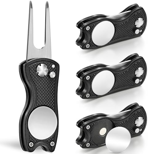 Mile High Life 4 Pack Golf Divot Repair Tool w Magnetic Golf Ball Marker | All Metal Foldable Divot Tool w Pop-up Button | Golf Accessories for Men (4 Black Tools)