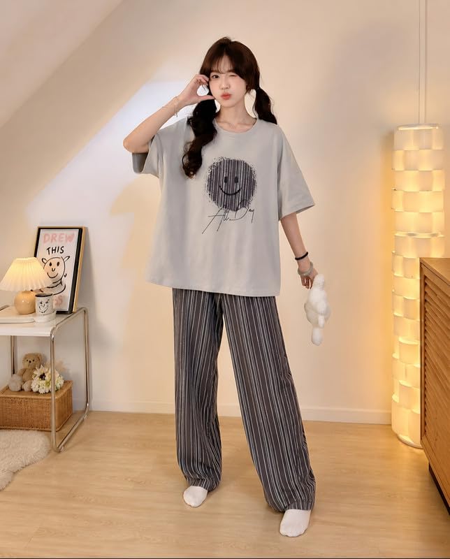 Image of KSHS Printed Round Neck Short Sleeve Nightsuit Set | Pajama Set | Casual Night Dress for Women