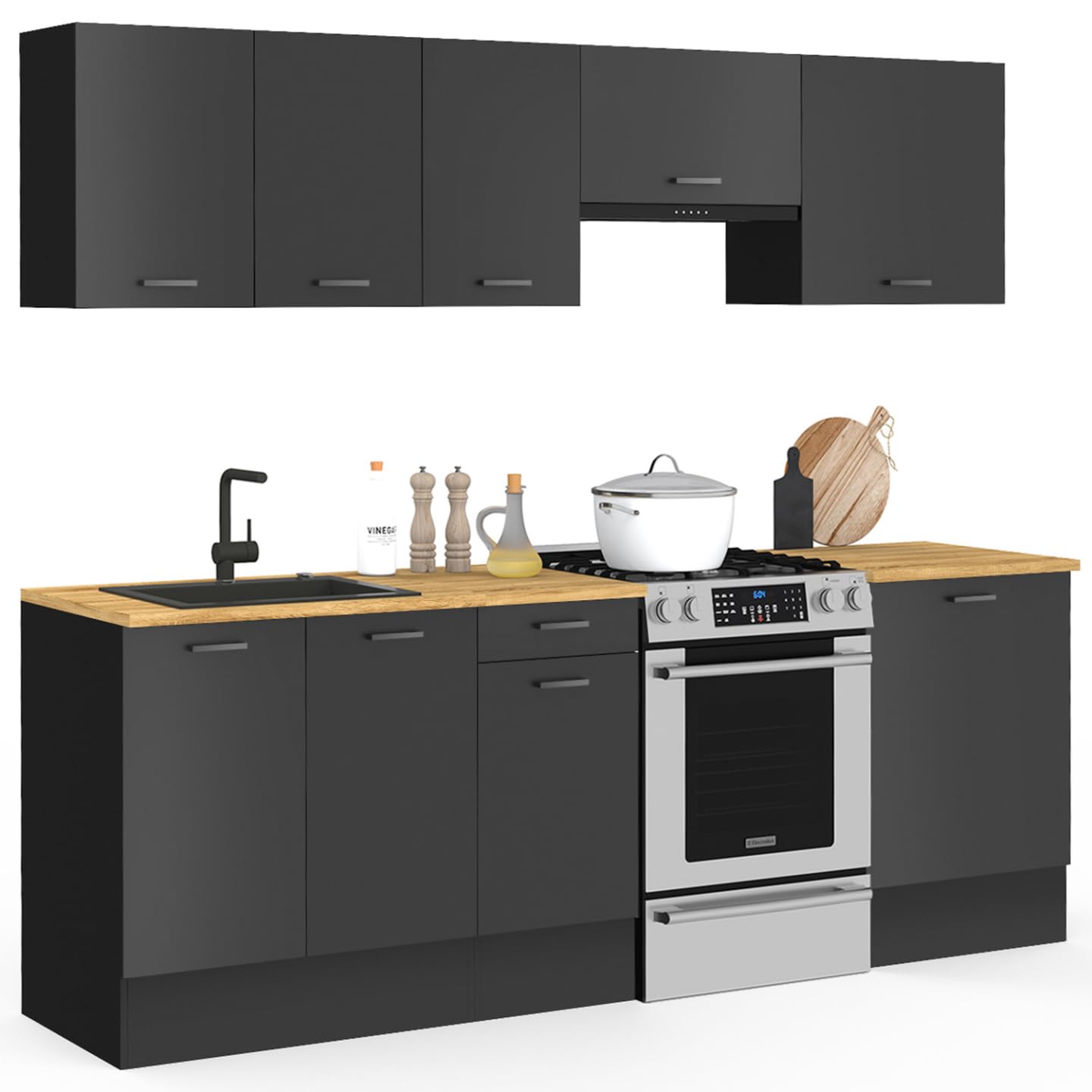IDMarket - Cocina completa SUBTIL 240 cm con encimera negra de 7 elementos y tapa de madera