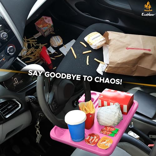Image of EcoNour 4 in 1 Car Steering Wheel Tray - 2024 Upgraded Pink Tray with Dual Sauce Dip Holder and Tablet Holder | Spacious Steering Wheel Desk for Food and Laptop | Car Accessories (Large)