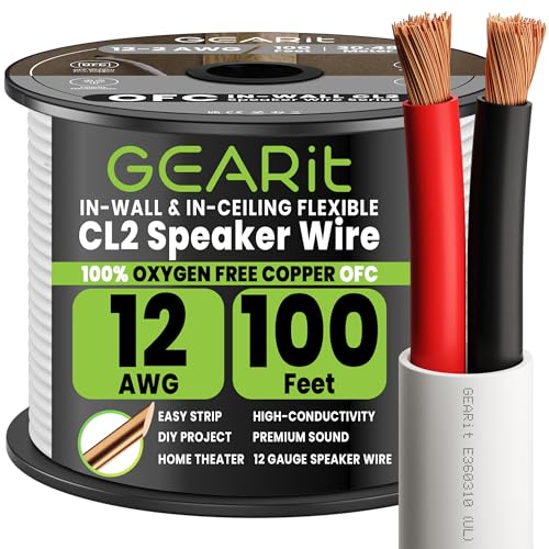 GEARit 12 Gauge Speaker Wire OFC,UL CL2 Rated 12 Gauge Wire 100 ft,Copper Wire with Polarity Mark,Speaker Cable for in-Wall Home Theater,Home,Car Stereo,Commercial Audio Systems(White,2-Conductors)