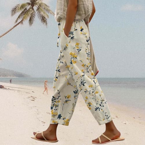 Cotton Linen Pants for Women Casual Capri Elastic Waist Pants Vacation Beach Cropped Trousers with Pockets4