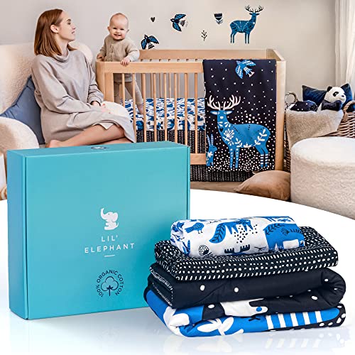 Image of Lil Elephant Woodland Crib Bedding Set for Girls & Boys - Breathable, Durable, 100% Pure Cotton Animal Sheet Set - Crib Sheet, Skirt & Comforter (Blue)