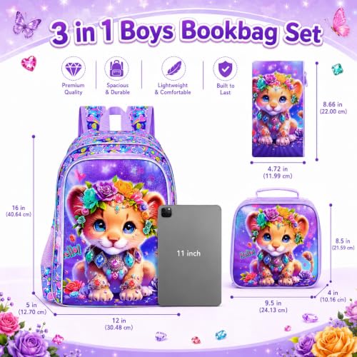 Image of 3Pcs Backpack for Girls, 16 inch Kids Bookbag with Lunch Box,Lion School Backpacks for Elementary Preschool Kindergarten (Purple)