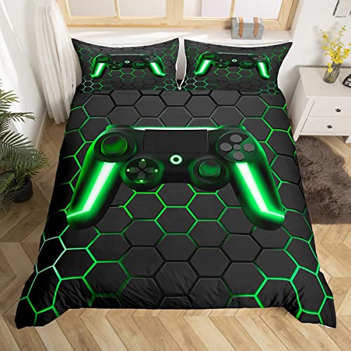 Gamer Bedding Sets For Boys Honeycomb Gamepad Gaming Duvet Cover Set Neon Lights Geometric Comforter Cover For Kids Teen Bedroom Beehive Hexagon Geometry Quilt Cover 3 Piece Full Size Green #TOP2