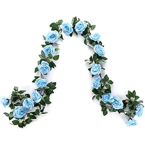 Artificial Rose Flower Garland Blue, 2pcs 15FT Silk Rose Flower Vines with 9 Big Rose head and Green Leaves, Good Choice Hanging Plants for Home Decor, Wedding Arch Decoration, Backdrop Decor(blue,2) Cover