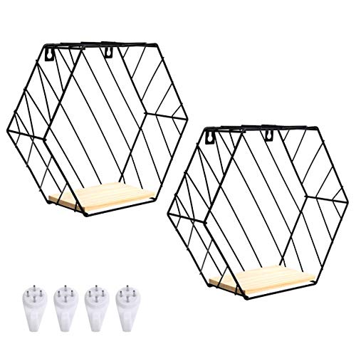 Zunbo - 2 estanterías de pared modernas geométricas de forma hexagonal, con rejilla de hierro, decoración de pared para salón, dormitorio, espacio de almacenamiento, decoración de plantas, color negro