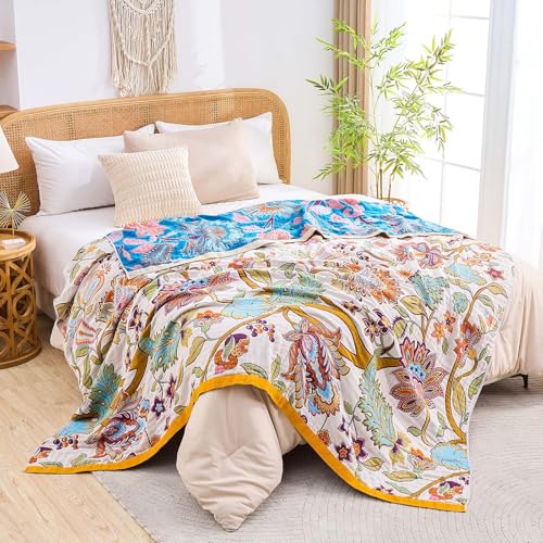Image of XIBLC Boho Throw Blanket for Bed, 100% Cotton Soft Rustic Quilt Fall Blanket, 50 inchx60 inch Floral Printed Farmhouse Decor Bed Blankets, All Season Rustic Reversible Bohemian Throw Quilt
