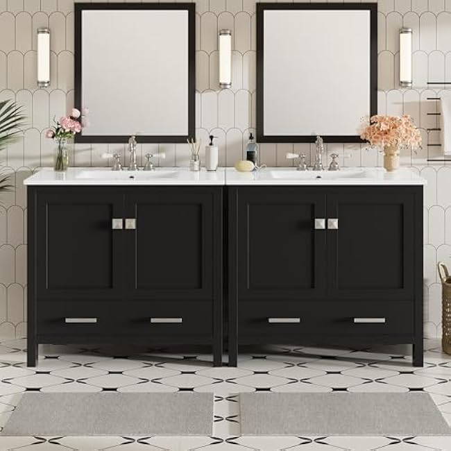 72 Inch Bathroom Vanity Set with Double Vanities (Separate) and Double Ceramic Sinks, 2 Soft Closing Doors and Divided Drawers, Wood Storage Cabinet for Bathroom, Mirror not Included (Black)
