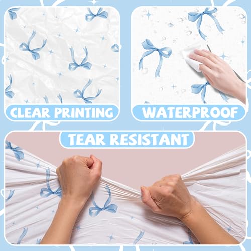 Image of 2Pcs Blue Bow Tablecloth,Coquette Birthday Decorations Bow Theme Plastic Table Cover Blue Bow Rectangle Tablecloth for Girls Women Bachelorette Baby Shower Party Decor
